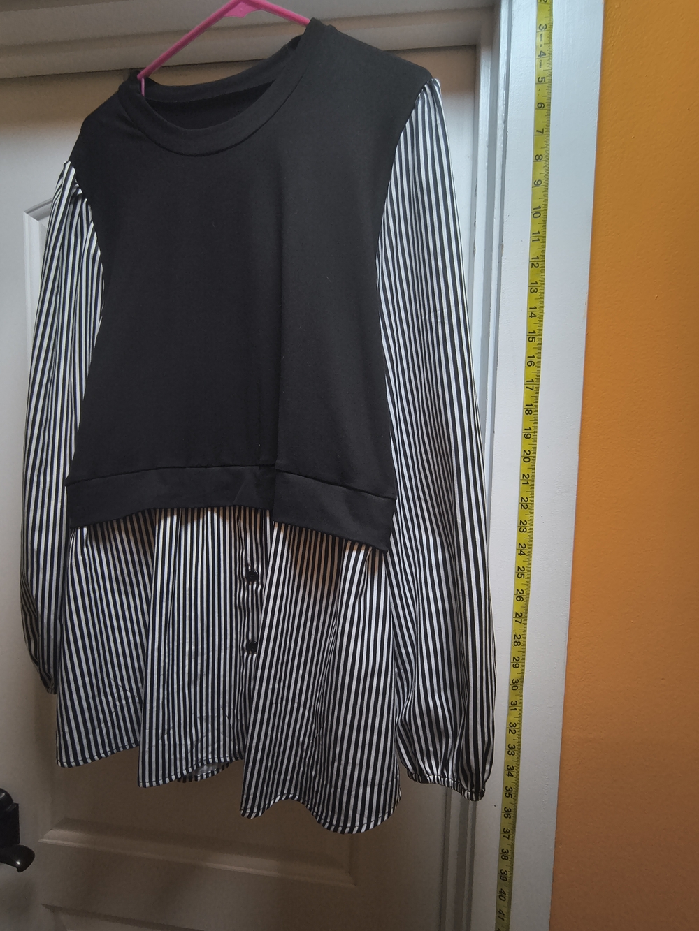 Black Paneled Top with Black & White Striped Sleeves